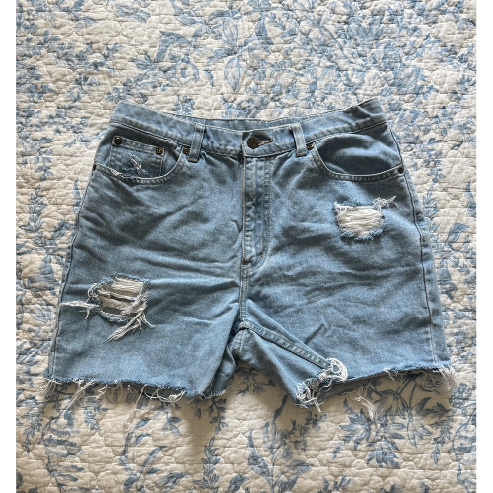 Eddie Bauer Distressed Denim Shorts Light Wash Cutoffs Raw Hem Womens Size 8